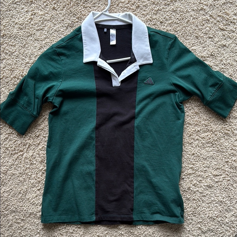 adidas Women Green and Black Striped Polo Shirt